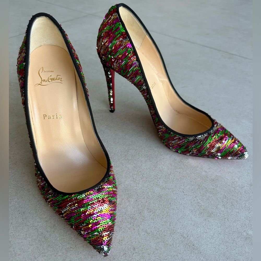 Christian Louboutin Pigalle Follies Pumps Silver and Multicolor Sequin 100 39.5